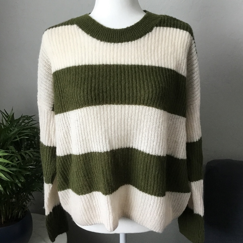 Womens Striped Sweater from Madewell - Cream/Olive Green - Sz L - New with Tags!